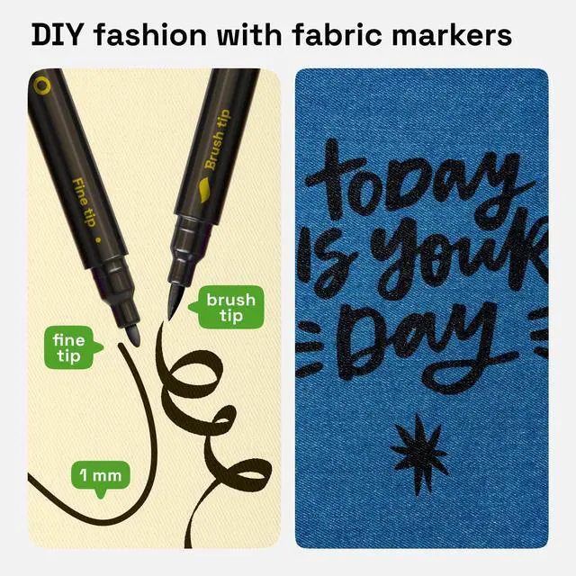 Alt view image 2 of 7 - 2 Black Dual-Tip Fabric Markers - Fabric Decorating Kit - Permanent for Clothes - Acrylic Paint Pens for Sneakers, Bags, Shoes, Textile, Canvas, Sewing, Craft, DIY - Brush and Fine Tip