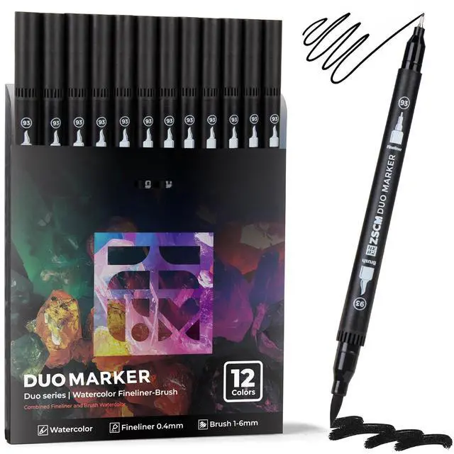 Main image of ZSCM Black Duo Tip Marker Pens, 12 Pack Fine & Brush Markers for Adult Coloring Books No Bleeding, Jet Black Markers for Outlining, Sketching, Japanese Manga, Calligraphy and Graphic Novels