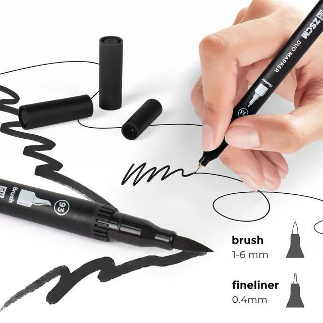 Alt view image 2 of 7 - ZSCM Black Duo Tip Marker Pens, 12 Pack Fine & Brush Markers for Adult Coloring Books No Bleeding, Jet Black Markers for Outlining, Sketching, Japanese Manga, Calligraphy and Graphic Novels