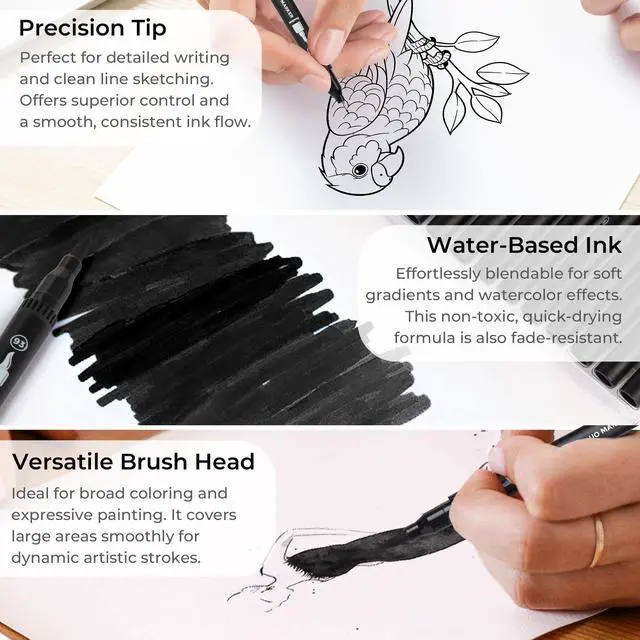Alt view image 3 of 7 - ZSCM Black Duo Tip Marker Pens, 12 Pack Fine & Brush Markers for Adult Coloring Books No Bleeding, Jet Black Markers for Outlining, Sketching, Japanese Manga, Calligraphy and Graphic Novels