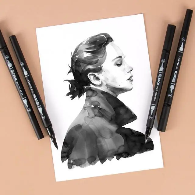 Alt view image 4 of 7 - ZSCM Black Duo Tip Marker Pens, 12 Pack Fine & Brush Markers for Adult Coloring Books No Bleeding, Jet Black Markers for Outlining, Sketching, Japanese Manga, Calligraphy and Graphic Novels