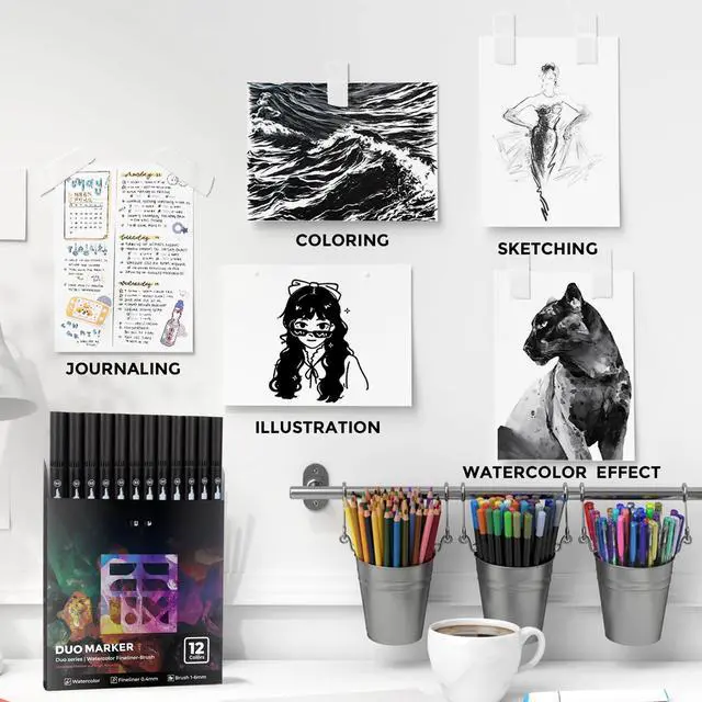 Alt view image 6 of 7 - ZSCM Black Duo Tip Marker Pens, 12 Pack Fine & Brush Markers for Adult Coloring Books No Bleeding, Jet Black Markers for Outlining, Sketching, Japanese Manga, Calligraphy and Graphic Novels