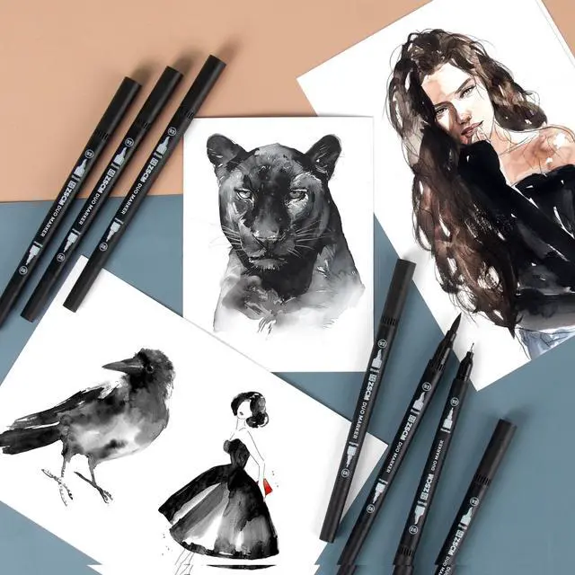 Alt view image 5 of 7 - ZSCM Black Duo Tip Marker Pens, 12 Pack Fine & Brush Markers for Adult Coloring Books No Bleeding, Jet Black Markers for Outlining, Sketching, Japanese Manga, Calligraphy and Graphic Novels