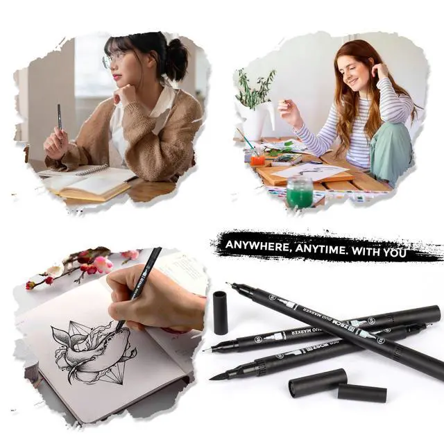 Alt view image 7 of 7 - ZSCM Black Duo Tip Marker Pens, 12 Pack Fine & Brush Markers for Adult Coloring Books No Bleeding, Jet Black Markers for Outlining, Sketching, Japanese Manga, Calligraphy and Graphic Novels
