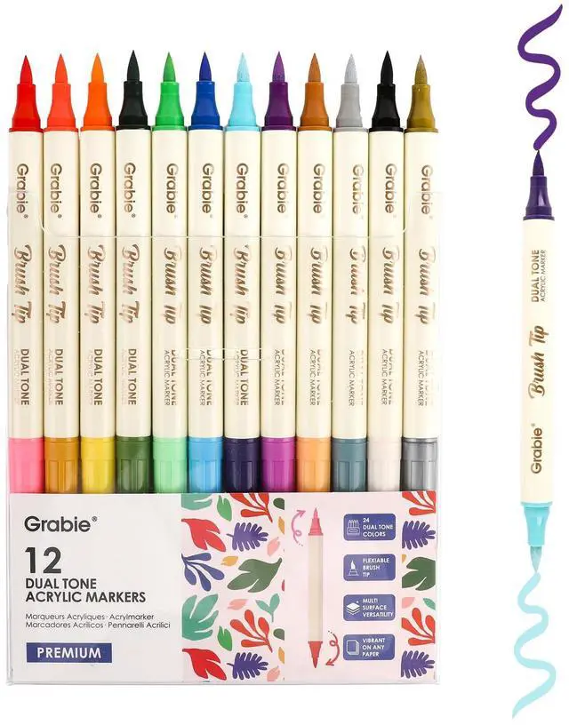 Main image of 24 Colors Acrylic Paint Markers, 12 Pack Dual Tip Soft Brush Acrylic Markers, Water-Based Paint Pens for Paper, Rock Painting, Wood, Glass, Canvas, DIY Craft Art Supplies for Adult & Kids
