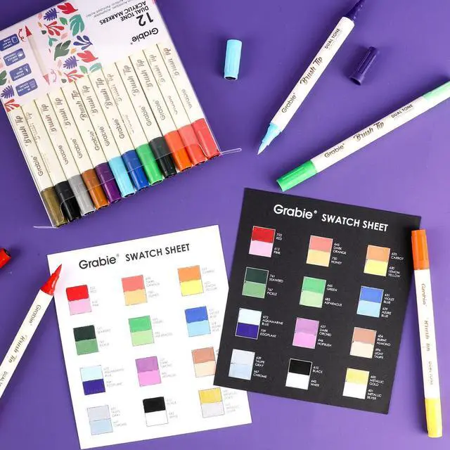 Alt view image 2 of 7 - 24 Colors Acrylic Paint Markers, 12 Pack Dual Tip Soft Brush Acrylic Markers, Water-Based Paint Pens for Paper, Rock Painting, Wood, Glass, Canvas, DIY Craft Art Supplies for Adult & Kids