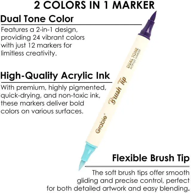 Alt view image 4 of 7 - 24 Colors Acrylic Paint Markers, 12 Pack Dual Tip Soft Brush Acrylic Markers, Water-Based Paint Pens for Paper, Rock Painting, Wood, Glass, Canvas, DIY Craft Art Supplies for Adult & Kids