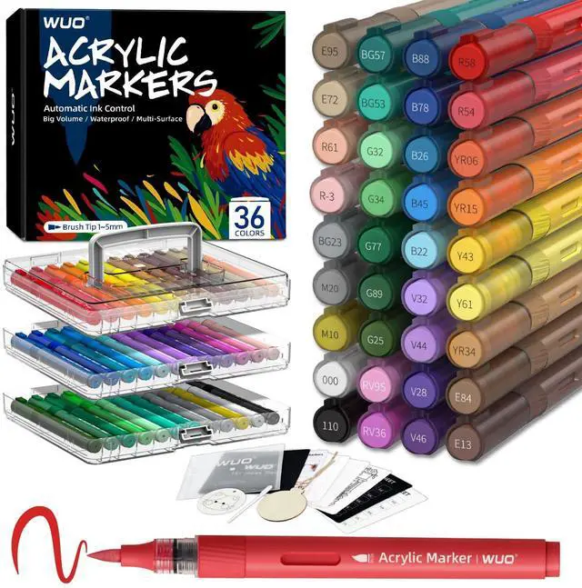 Main image of 36 Colors Acrylic Paint Markers, Acrylic Paint Pens and Acrylic Markers with Brush Tip, Automatic Ink Control No-Bleed Paint Markers for Rock, Wood, Canvas, Glass, Ceramic, Fabric