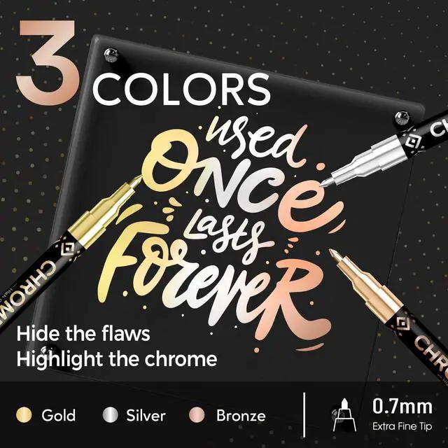 Alt view image 2 of 7 - 3 Colors Chrome Paint Markers, Gold Silver Bronze Permanent Mirror Liquid Chrome Pens for Plastic, Metal, Model, Jewelry, Wheel Painting, Touch Up & Repair Kit, DIY Art Projects
