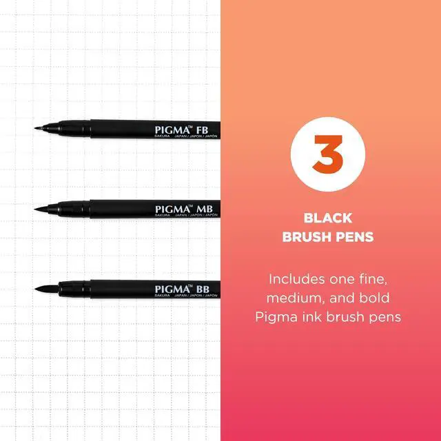 Alt view image 2 of 6 - Pigma Professional Brush Pens - Archival Black Ink Pens - Pens for Lettering, Modern Calligraphy, or Drawing - Brush Nibs - 3 Pack
