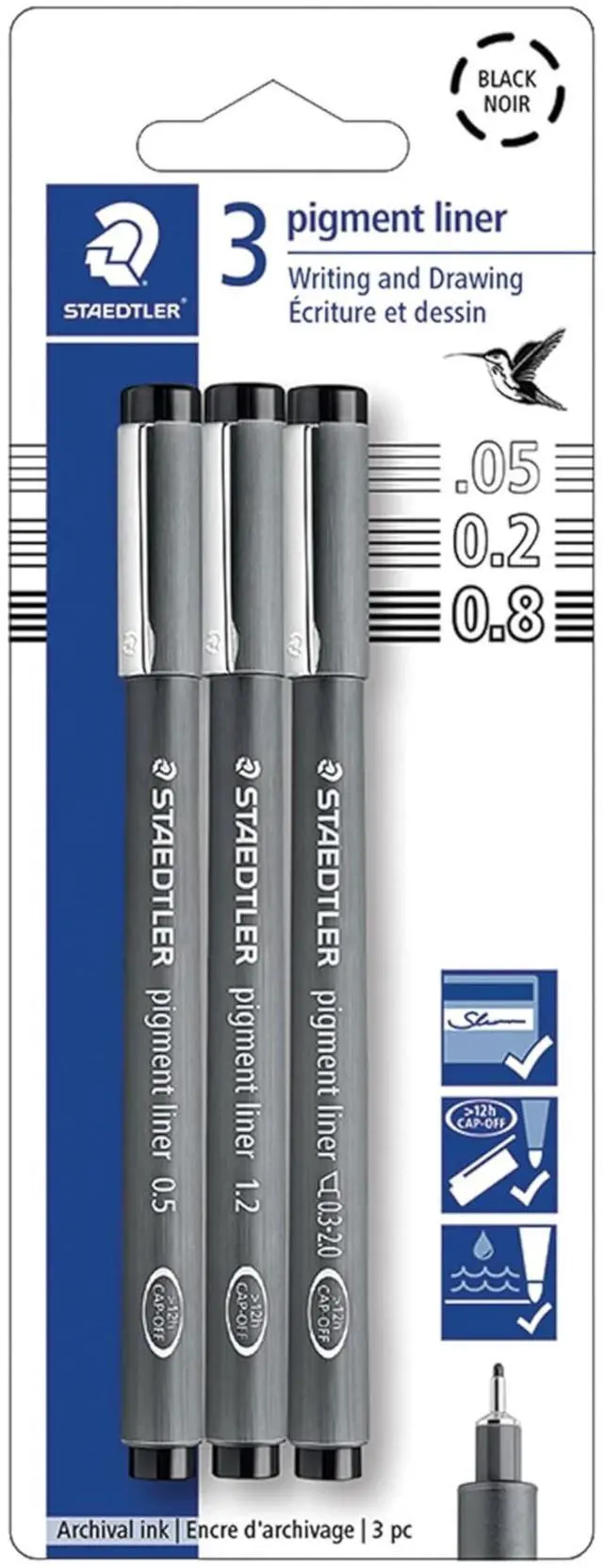 Main image of Pigment Liner Pack, Black, 3 Pens, Assorted Line Widths 0.05mm/0.2mm/0.8mm, 308-9SBK3