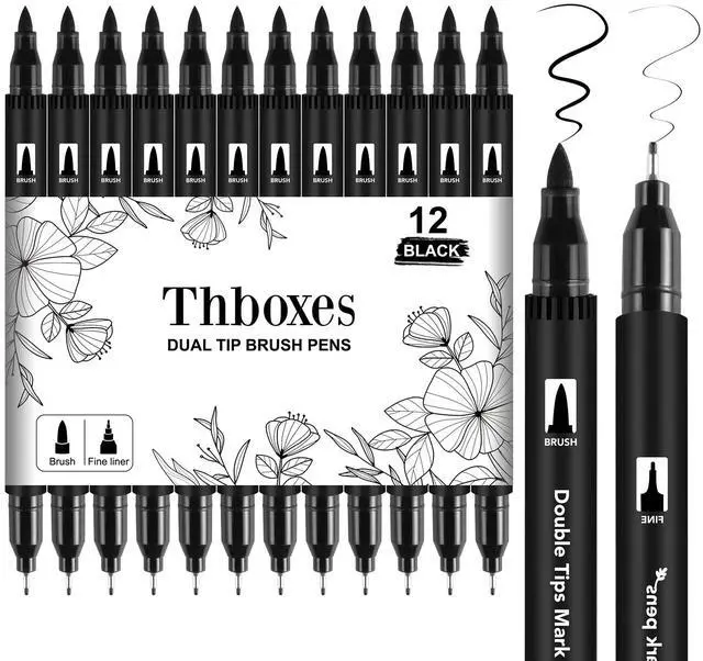 Main image of 12 Pack Black Drawing Pens, Dual Tip Brush Fineliners Pens Washable Brush Tip Markers for Adults Art Drawing Sketching Journaling Calligraphy