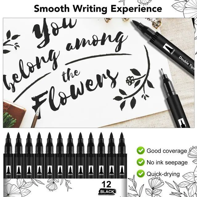 Alt view image 3 of 7 - 12 Pack Black Drawing Pens, Dual Tip Brush Fineliners Pens Washable Brush Tip Markers for Adults Art Drawing Sketching Journaling Calligraphy