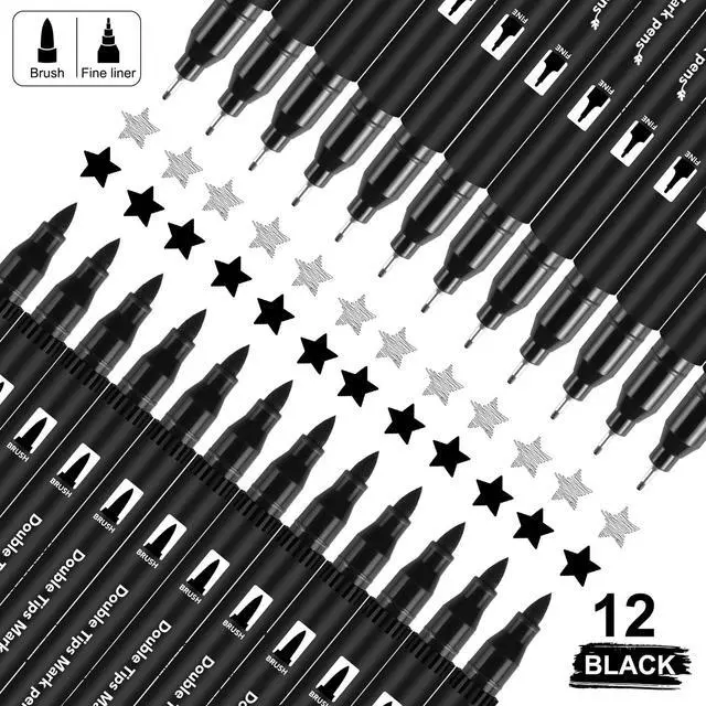 Alt view image 4 of 7 - 12 Pack Black Drawing Pens, Dual Tip Brush Fineliners Pens Washable Brush Tip Markers for Adults Art Drawing Sketching Journaling Calligraphy