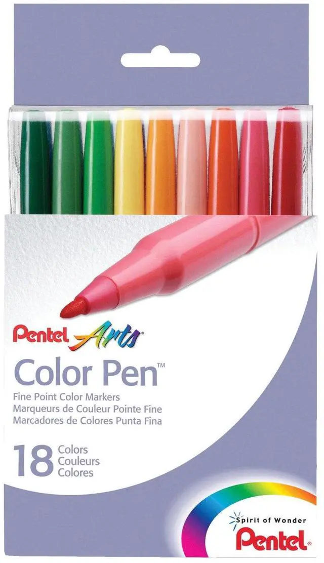 Main image of Color Pen Pentel, Fine Point Color Markers, Fiber Tip, Assorted Colors, Set of 18 (S360-18) (Pack of 1, 18 Count Total)