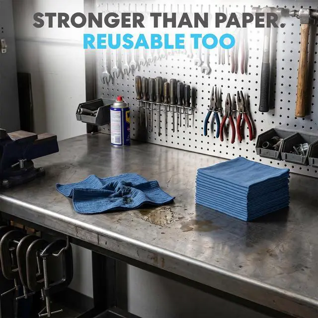 Alt view image 3 of 6 - Cotton Shop Towels 14"x12" (90 Pack) Reusable Cleaning Shop Rags for Automobiles, Industries, Garage and Homes (Blue)