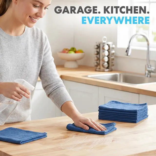 Alt view image 4 of 6 - Cotton Shop Towels 14"x12" (90 Pack) Reusable Cleaning Shop Rags for Automobiles, Industries, Garage and Homes (Blue)