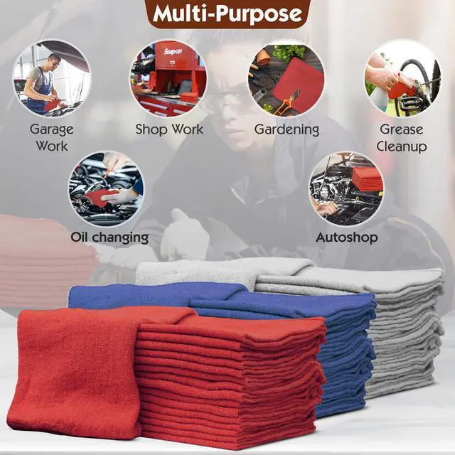 Alt view image 4 of 6 - Auto Mechanic Shop Towels 100 Pack Bulk Rags 100% Cotton Commercial Grade Shop Rags Size 14"x14" (100 Pack, Red)