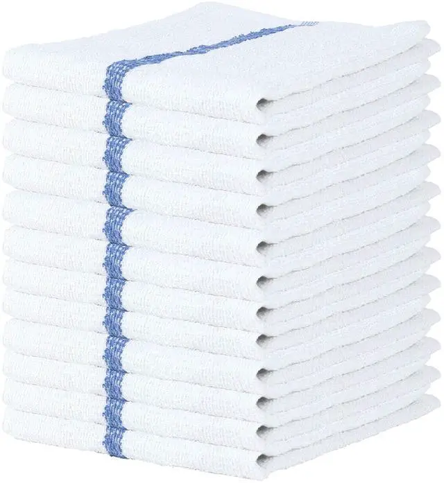 Main image of Arkwright Bar Mop Towels, Pack of 12, 100% Cotton Kitchen Dishcloths, Absorbent Quick Dry Cleaning Cloths for Restaurant, Bar and Home Kitchen, 16 x 19 in, White/Blue
