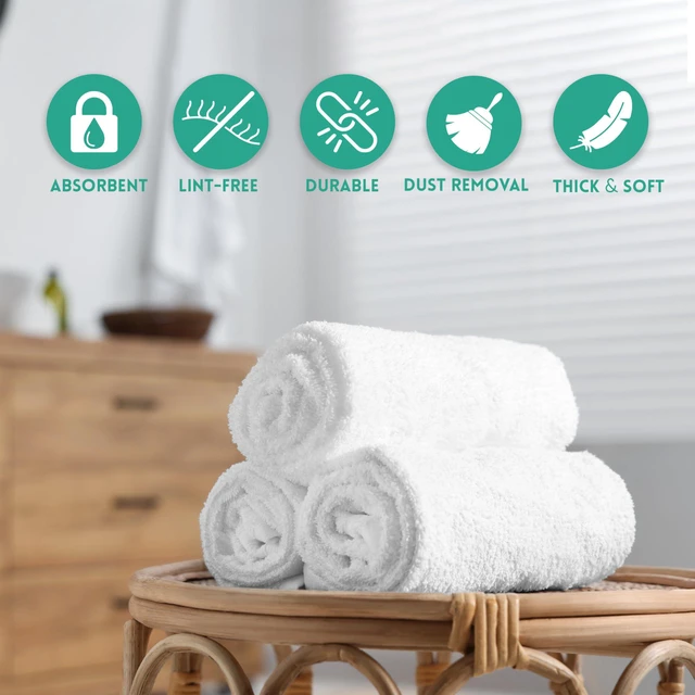 Alt view image 3 of 7 - 100% Cotton Terry Towels Cleaning Cloths, Pack of 50 (12" x 12") Multipurpose, Highly Absorbent, Reusable Cotton Rags, White Bar Towels & Cleaning Rags for Everyday Usage (White)