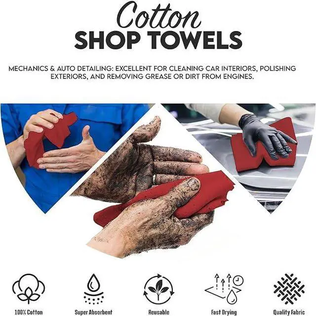 Alt view image 5 of 7 - Cotton Shop Towel Multipurpose Cleaning Cloths (14" x 12" - Pack of 150 - Red) Reusable Shop Rags for Automobiles, Industrial, Restaurants, Garage, and Homes