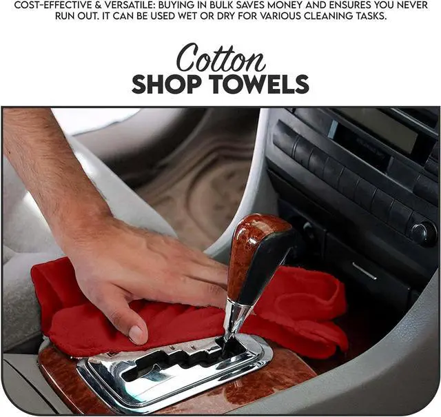 Alt view image 7 of 7 - Cotton Shop Towel Multipurpose Cleaning Cloths (14" x 12" - Pack of 150 - Red) Reusable Shop Rags for Automobiles, Industrial, Restaurants, Garage, and Homes