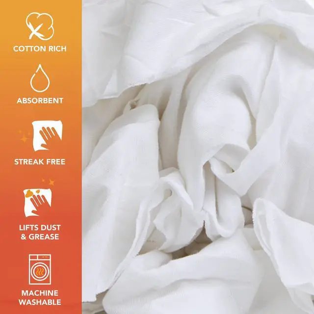 Alt view image 2 of 7 - Premium T-Shirt Rags Bulk, 5 lb Bag, Cotton Cleaning Towels, Low Lint Knit Wiping Cloths for Paint, Stain, Grease, Shop and Auto Use, Quick Dry Machine Washable, White