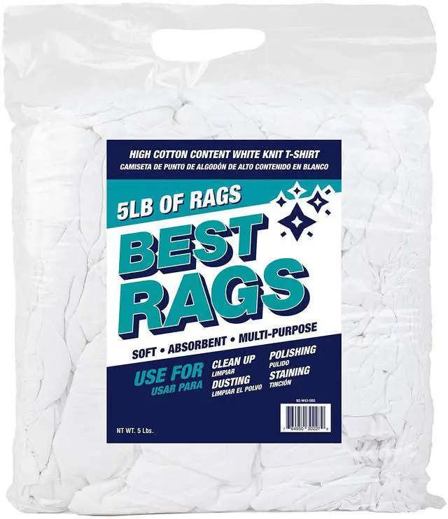 Main image of Premium T-Shirt Rags Bulk, 5 lb Bag, Cotton Cleaning Towels, Low Lint Knit Wiping Cloths for Paint, Stain, Grease, Shop and Auto Use, Quick Dry Machine Washable, White