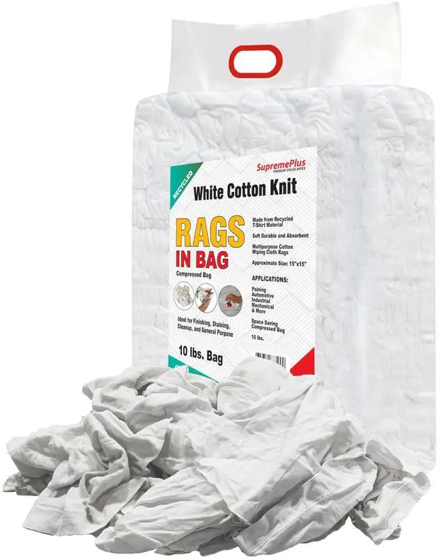 Main image of Recycled White T-Shirt Cleaning Rags (10 lbs. Bag) Shop Rags Bulk for Oil, Stain, Grease, Paint, and Auto Cleaning, Multipurpose