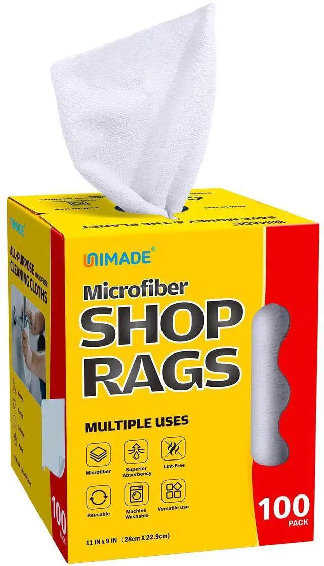 Main image of Shop Rags, 100 Sheets Microfiber Cleaning Cloth Commercial Grade Washcloths Lint-Free Bulk Shops Towels for Cars Mechanic Restaurant Garage Housekeeping, 11"x 9", White