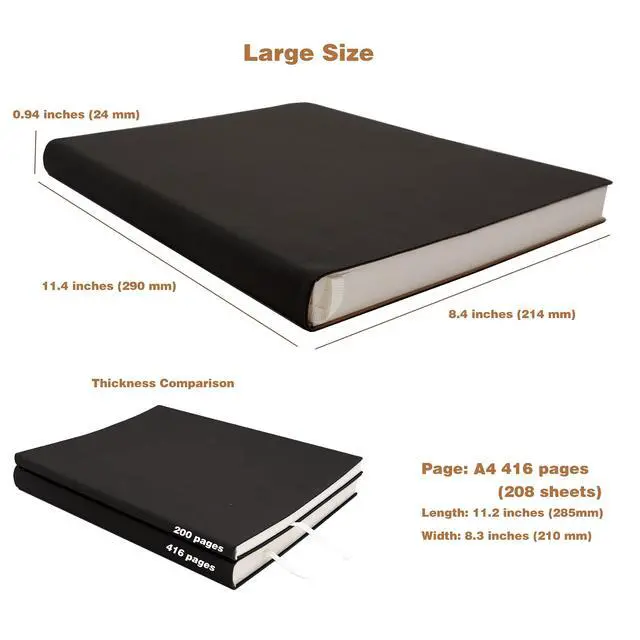 Alt view image 2 of 7 - Large Thick Journal Notebook, Blank Papers, A4 8.4x11.4 inches, 416 Pages, Soft Faux Leather Cover Sketchbook for Writing Drawing (Black, Plain)