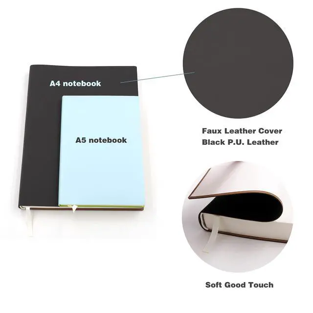 Alt view image 3 of 7 - Large Thick Journal Notebook, Blank Papers, A4 8.4x11.4 inches, 416 Pages, Soft Faux Leather Cover Sketchbook for Writing Drawing (Black, Plain)