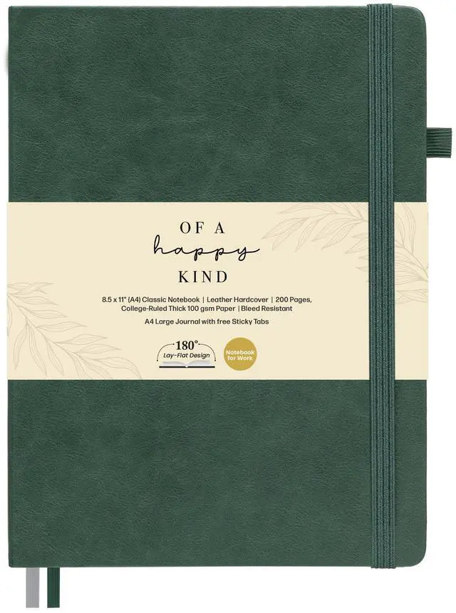 Main image of Classic Lined Journal Notebook 8.5x11" A4 Hardcover Leather - Green - 200 Pages College Ruled Large with Sticky Tabs, Pockets, and Pen Loop for Writing and Journaling - Big Hardback Men and Women