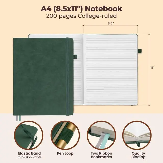 Alt view image 3 of 7 - Classic Lined Journal Notebook 8.5x11" A4 Hardcover Leather - Green - 200 Pages College Ruled Large with Sticky Tabs, Pockets, and Pen Loop for Writing and Journaling - Big Hardback Men and Women