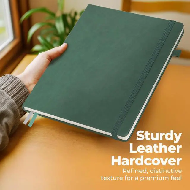 Alt view image 4 of 7 - Classic Lined Journal Notebook 8.5x11" A4 Hardcover Leather - Green - 200 Pages College Ruled Large with Sticky Tabs, Pockets, and Pen Loop for Writing and Journaling - Big Hardback Men and Women
