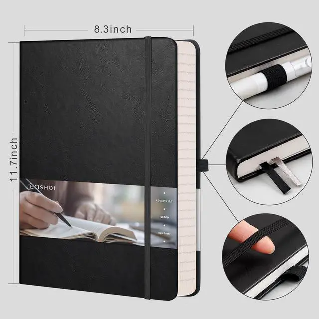 Alt view image 3 of 7 - A4 College Ruled Notebook, Large 8.3" x 11.7", 192 Pages 100GSM Ink-Proof Faux Leather Hardcover Lay-Flat Lined Journal for Office School Work Writing, Black