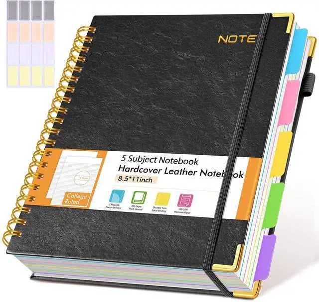 Main image of Hardcover Large Spiral Notebook 8.5" x 11" with Removable Dividers Tabs, 300 pages Leather 5 Subject Notebook College Ruled, A4 Journal for Women Men, Notebooks for Work School Note taking,Black