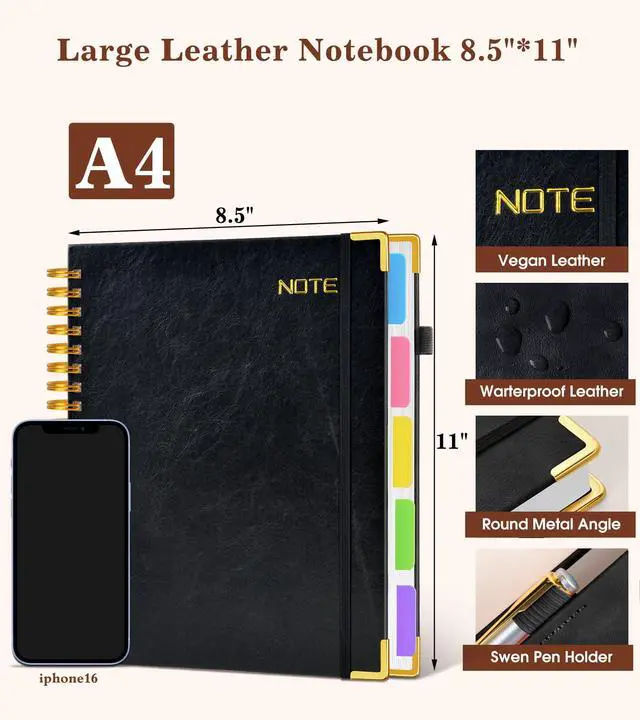 Alt view image 2 of 7 - Hardcover Large Spiral Notebook 8.5" x 11" with Removable Dividers Tabs, 300 pages Leather 5 Subject Notebook College Ruled, A4 Journal for Women Men, Notebooks for Work School Note taking,Black