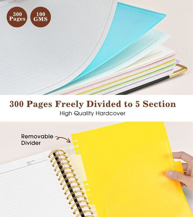Alt view image 3 of 7 - Hardcover Large Spiral Notebook 8.5" x 11" with Removable Dividers Tabs, 300 pages Leather 5 Subject Notebook College Ruled, A4 Journal for Women Men, Notebooks for Work School Note taking,Black