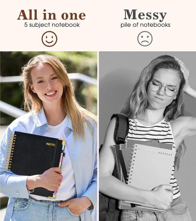 Alt view image 5 of 7 - Hardcover Large Spiral Notebook 8.5" x 11" with Removable Dividers Tabs, 300 pages Leather 5 Subject Notebook College Ruled, A4 Journal for Women Men, Notebooks for Work School Note taking,Black