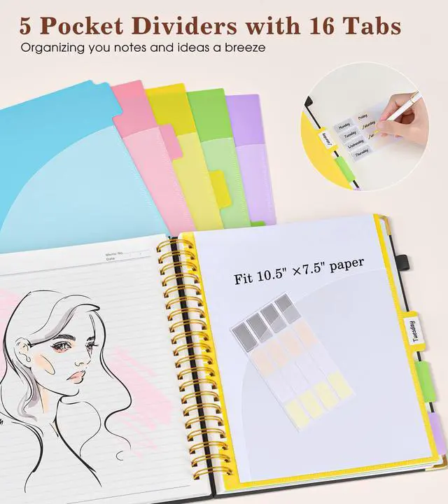Alt view image 4 of 7 - Hardcover Large Spiral Notebook 8.5" x 11" with Removable Dividers Tabs, 300 pages Leather 5 Subject Notebook College Ruled, A4 Journal for Women Men, Notebooks for Work School Note taking,Black