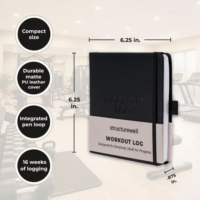 Alt view image 2 of 7 - Workout Log 16 Week Fitness Tracker, Gym Planner, and Bodybuilding Journal for Men & Women | Daily Exercise, Weightlifting, PR Tracking, and Training Log (6.25 x 6.25, Matte Black Hardcover)