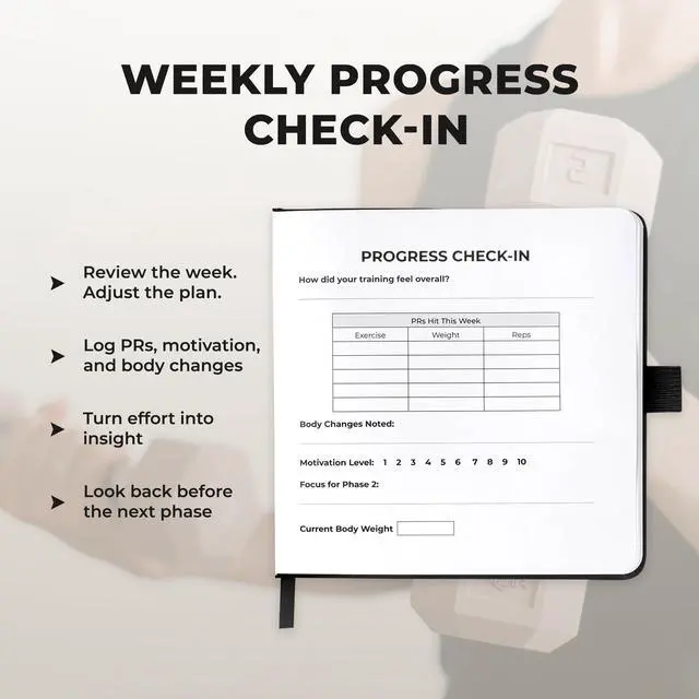 Alt view image 6 of 7 - Workout Log 16 Week Fitness Tracker, Gym Planner, and Bodybuilding Journal for Men & Women | Daily Exercise, Weightlifting, PR Tracking, and Training Log (6.25 x 6.25, Matte Black Hardcover)