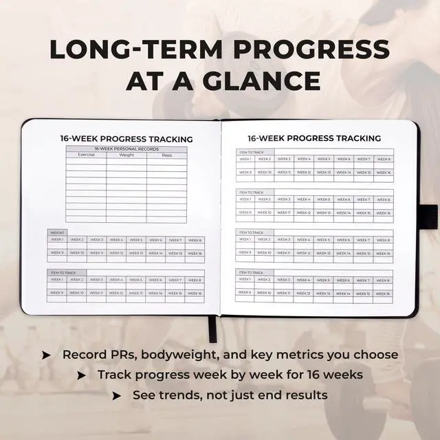 Alt view image 7 of 7 - Workout Log 16 Week Fitness Tracker, Gym Planner, and Bodybuilding Journal for Men & Women | Daily Exercise, Weightlifting, PR Tracking, and Training Log (6.25 x 6.25, Matte Black Hardcover)