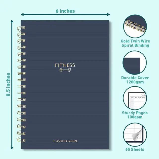 Alt view image 2 of 7 - Fitness Planner Notebook 6" x 8.5" Workout Log Book & Fitness Journal 129 Pages with Measurement Tracker, Weight Tracker, Workout Planner, Food Log, 30 Day Challenge & Notes Gold Spiral