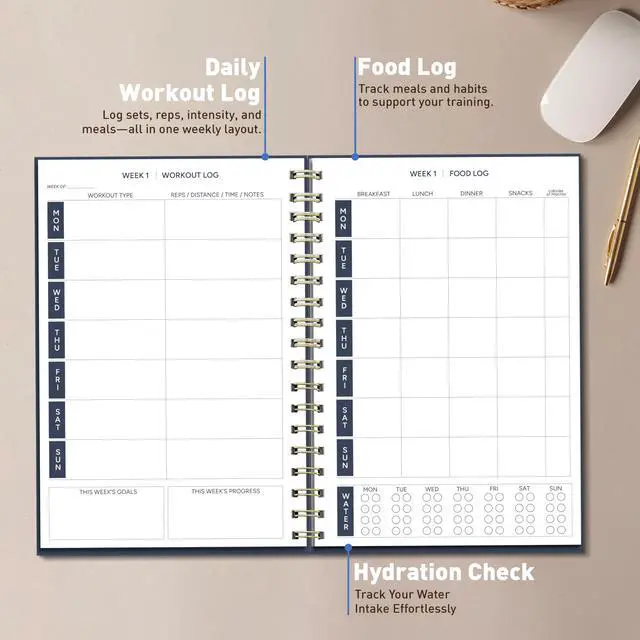 Alt view image 3 of 7 - Fitness Planner Notebook 6" x 8.5" Workout Log Book & Fitness Journal 129 Pages with Measurement Tracker, Weight Tracker, Workout Planner, Food Log, 30 Day Challenge & Notes Gold Spiral