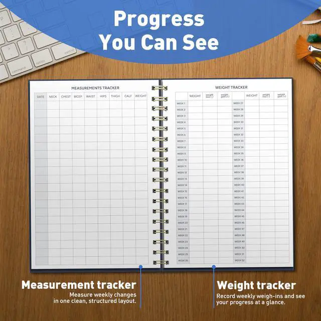 Alt view image 4 of 7 - Fitness Planner Notebook 6" x 8.5" Workout Log Book & Fitness Journal 129 Pages with Measurement Tracker, Weight Tracker, Workout Planner, Food Log, 30 Day Challenge & Notes Gold Spiral