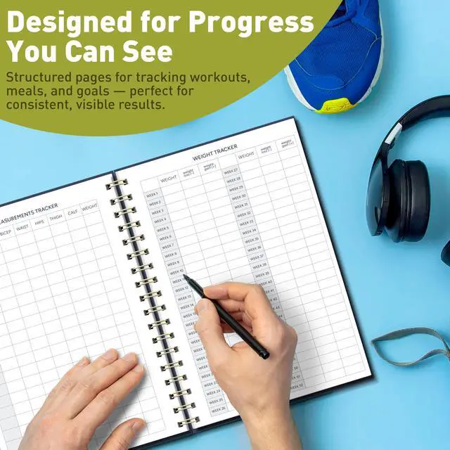 Alt view image 6 of 7 - Fitness Planner Notebook 6" x 8.5" Workout Log Book & Fitness Journal 129 Pages with Measurement Tracker, Weight Tracker, Workout Planner, Food Log, 30 Day Challenge & Notes Gold Spiral