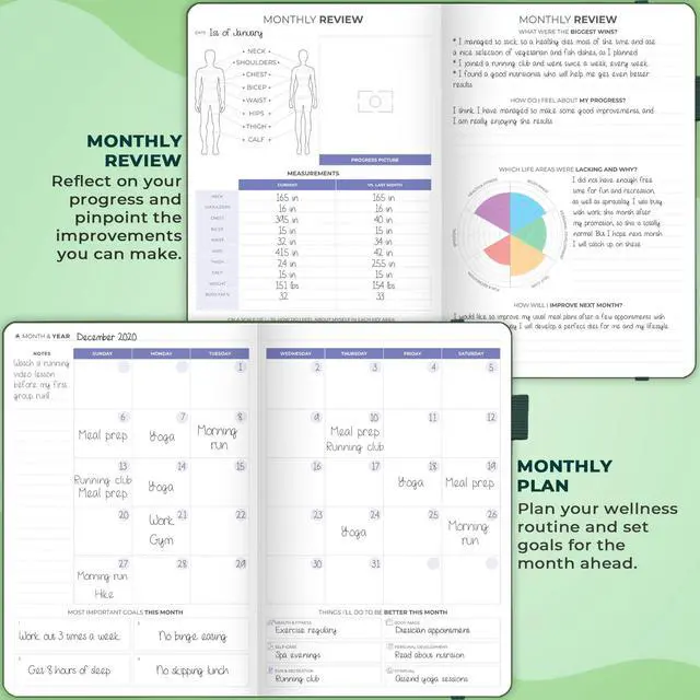 Alt view image 4 of 6 - Fitness & Food Journal Nutrition & Workout Planner for Women & Men Diet & Gym Exercise Log Book with Calendars, Diet & Training Trackers - Undated, A5 Size, Hardcover (Forest Green)