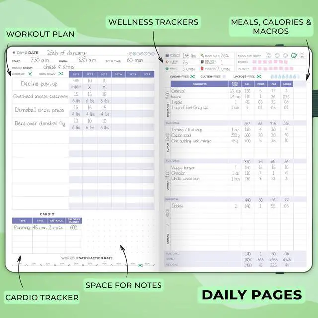 Alt view image 5 of 6 - Fitness & Food Journal Nutrition & Workout Planner for Women & Men Diet & Gym Exercise Log Book with Calendars, Diet & Training Trackers - Undated, A5 Size, Hardcover (Forest Green)